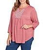 Ruby Rd. Plus Size Textured Knit Split V-Neck 3/4 Sleeve Top, Color:Sangria - Image 4