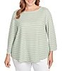 Ruby Rd. Plus Size Textured Knit Stripe Print Square Neck 3/4 Sleeve Top, Color:Bay Leaf Multi - Image 1