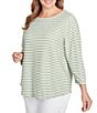 Ruby Rd. Plus Size Textured Knit Stripe Print Square Neck 3/4 Sleeve Top, Color:Bay Leaf Multi - Image 4