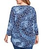 Ruby Rd. Plus Size Textured Knit Tie-Dye Scroll Floral Boat Neck 3/4 Sleeve Top, Color:Indigo - Image 2