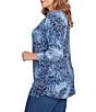Ruby Rd. Plus Size Textured Knit Tie-Dye Scroll Floral Boat Neck 3/4 Sleeve Top, Color:Indigo - Image 3