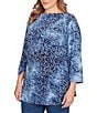 Ruby Rd. Plus Size Textured Knit Tie-Dye Scroll Floral Boat Neck 3/4 Sleeve Top, Color:Indigo - Image 4