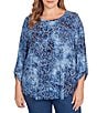 Ruby Rd. Plus Size Textured Knit Tie-Dye Scroll Floral Burnout Boat Neck 3/4 Roll-Tab Sleeve Top, Color:Indigo - Image 1