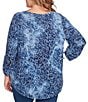 Ruby Rd. Plus Size Textured Knit Tie-Dye Scroll Floral Burnout Boat Neck 3/4 Roll-Tab Sleeve Top, Color:Indigo - Image 2