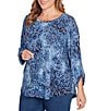 Ruby Rd. Plus Size Textured Knit Tie-Dye Scroll Floral Burnout Boat Neck 3/4 Roll-Tab Sleeve Top, Color:Indigo - Image 4