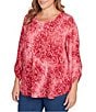 Ruby Rd. Plus Size Textured Knit Tie-Dye Scroll Floral Burnout Boat Neck 3/4 Roll-Tab Sleeve Top, Color:Sangria - Image 4