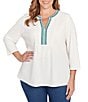Ruby Rd. Plus Size Textured Slub Knit Split Round V-Neck 3/4 Sleeve Embellished Top, Color:Ivory - Image 1