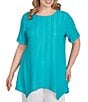 Ruby Rd. Plus Size Textured Solid Knit Crinkle Stripe Round Neck Short Sleeve Sharkbite Hem Top, Color:Turquoise - Image 1