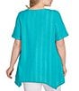 Ruby Rd. Plus Size Textured Solid Knit Crinkle Stripe Round Neck Short Sleeve Sharkbite Hem Top, Color:Turquoise - Image 2