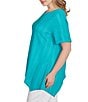 Ruby Rd. Plus Size Textured Solid Knit Crinkle Stripe Round Neck Short Sleeve Sharkbite Hem Top, Color:Turquoise - Image 3