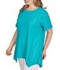 Ruby Rd. Plus Size Textured Solid Knit Crinkle Stripe Round Neck Short Sleeve Sharkbite Hem Top, Color:Turquoise - Image 4