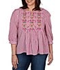 Ruby Rd. Plus Size Textured Yarn-Dyed Stripe Embroidered Split V-Neck 3/4 Sleeve Blouse - Image 1