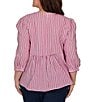 Ruby Rd. Plus Size Textured Yarn-Dyed Stripe Embroidered Split V-Neck 3/4 Sleeve Blouse - Image 2