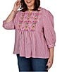 Ruby Rd. Plus Size Textured Yarn-Dyed Stripe Embroidered Split V-Neck 3/4 Sleeve Blouse - Image 4