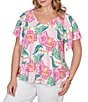 Ruby Rd. Plus Size Tropical Floral V-Neck Short Flutter Sleeve Top - Image 1