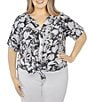 Color:Black/White - Image 1 - Plus Size Two Tone Leaf Print Short Roll-Tab Sleeve Top