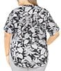 Color:Black/White - Image 2 - Plus Size Two Tone Leaf Print Short Roll-Tab Sleeve Top
