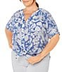 Color:Royal Multi - Image 1 - Plus Size Two Tone Leaf Print Short Roll-Tab Sleeve Top