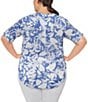 Color:Royal Multi - Image 2 - Plus Size Two Tone Leaf Print Short Roll-Tab Sleeve Top