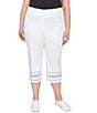 Color:White - Image 1 - Plus Size Wide Waistband Lace Inset Hem Pull-On Capri Jeans