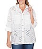 Ruby Rd. Plus Size Woven Eyelet Embroidery Collared V-Neck 3/4 Roll-tab Sleeve Button-Front Shirt - Image 1