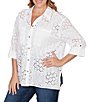 Ruby Rd. Plus Size Woven Eyelet Embroidery Collared V-Neck 3/4 Roll-tab Sleeve Button-Front Shirt - Image 3
