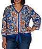 Ruby Rd. Plus Size Woven Floral Vines V-Neck 3/4 Sleeve Top - Image 1