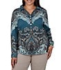 Ruby Rd. Plus Size Woven Painted Scarf Paisley Bloom Collared V-Neck Long Sleeve Top - Image 1