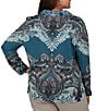 Ruby Rd. Plus Size Woven Painted Scarf Paisley Bloom Collared V-Neck Long Sleeve Top - Image 2