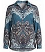 Ruby Rd. Plus Size Woven Painted Scarf Paisley Bloom Collared V-Neck Long Sleeve Top - Image 4