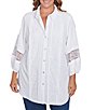 Ruby Rd. Plus Size Woven Point Collar 3/4 Lace Inset Sleeve Button-Front Top, Color:White - Image 2