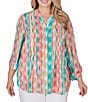 Color:Parrot Multi - Image 1 - Plus Size Woven Stripe Banded Collar 3/4 Roll-tab Sleeve Pintuck Button-Front Shirt