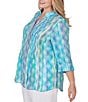 Color:Blue Moon Multi - Image 3 - Plus Size Woven Stripe Banded Collar 3/4 Roll-tab Sleeve Pintuck Button-Front Shirt