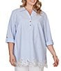 Ruby Rd. Plus Size Woven Yarn-Dyed Stripe Johnny Collar 3/4 Roll-Tab Sleeve Embroidered Hem Blouse - Image 1