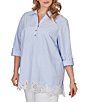 Ruby Rd. Plus Size Woven Yarn-Dyed Stripe Johnny Collar 3/4 Roll-Tab Sleeve Embroidered Hem Blouse - Image 3
