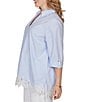 Ruby Rd. Plus Size Woven Yarn-Dyed Stripe Johnny Collar 3/4 Roll-Tab Sleeve Embroidered Hem Blouse - Image 4