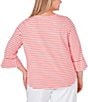 Color:Guava Multi - Image 2 - Plus Size Yarn Dye Stripe Print Knit Ballet Neck 3/4 Bell Sleeve Top