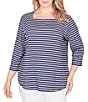 Ruby Rd. Plus Size Yarn-Dyed Cotton Jersey Striped Square Neck 3/4 Sleeve Tee Top, Color:Navy Multi - Image 1