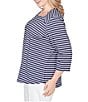 Ruby Rd. Plus Size Yarn-Dyed Cotton Jersey Striped Square Neck 3/4 Sleeve Tee Top, Color:Navy Multi - Image 3