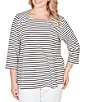 Ruby Rd. Plus Size Yarn-Dyed Cotton Jersey Striped Square Neck 3/4 Sleeve Tee Top - Image 4