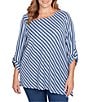 Ruby Rd. Plus Size Yarn-Dyed Stripe 3/4 Roll-Tab Sleeve Asymmetric Top, Color:Deep Blue Multi - Image 1