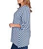 Ruby Rd. Plus Size Yarn-Dyed Stripe 3/4 Roll-Tab Sleeve Asymmetric Top, Color:Deep Blue Multi - Image 3