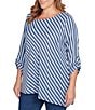 Ruby Rd. Plus Size Yarn-Dyed Stripe 3/4 Roll-Tab Sleeve Asymmetric Top, Color:Deep Blue Multi - Image 4