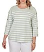 Ruby Rd. Plus Size Yarn-Dyed Stripe Crew Neck 3/4 Button Sleeve Knit Top - Image 1