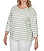 Ruby Rd. Plus Size Yarn-Dyed Stripe Crew Neck 3/4 Button Sleeve Knit Top - Image 3