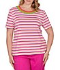 Ruby Rd. Plus Size Yarn-Dyed Stripe Crochet Embellished Scoop Neck Short Sleeve Tee - Image 1