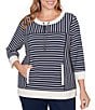 Ruby Rd. Plus Size Yarn-Dyed Stripe Scoop Neck 3/4 Sleeve Top, Color:Navy/Multi - Image 1