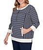 Ruby Rd. Plus Size Yarn-Dyed Stripe Scoop Neck 3/4 Sleeve Top, Color:Navy/Multi - Image 4
