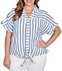 Ruby Rd. Plus Size Yarn-Dyed Woven Stripe Collared V-Neck Short Sleeve Button Front Shirt, Color:Indigo/Multi - Image 1