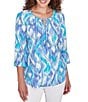 Color:Blue Moon Multi - Image 1 - Polynesian Gauze Ikat Tassel Ties Split Round Neck 3/4 Sleeve Top